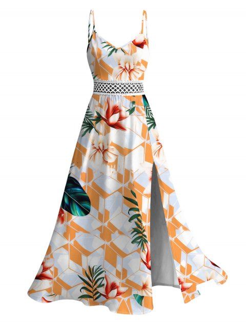 Robe de vacances à Hawaï, motif floral tropical géométrique, dentelle ajourée et fendue