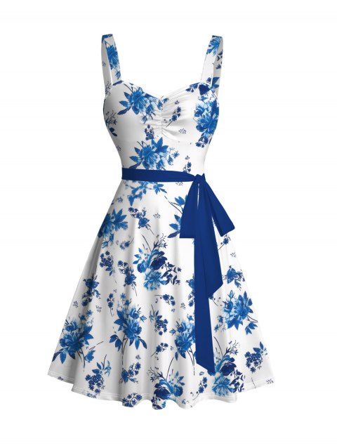 Robe de vacances à Hawaï style porcelaine, motif floral peint à l'encre, ceinture froncée à la poitrine