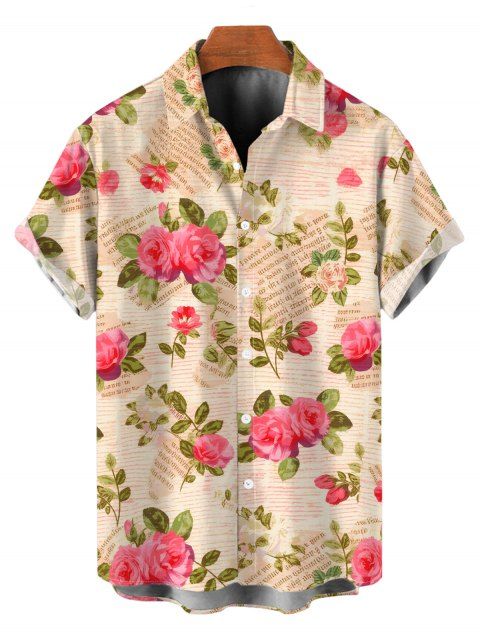 Chemise homme style campagne française, imprimé rose vintage façon journal, boutonnée