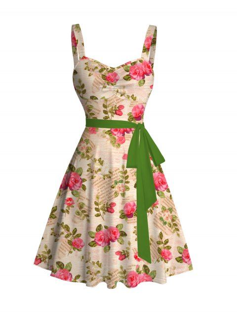 Robe style campagne française, imprimé rose vintage, ceinture froncée au buste