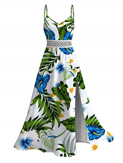 Robe de vacances à Hawaï, imprimé floral tropical frangipanier et feuilles de palmier, dentelle ajourée et fendue