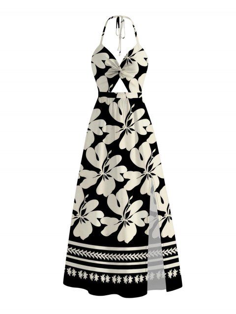 Robe dos nu à imprimé floral tribal frangipanier, découpe torsadée et nœud papillon fendue, idéale pour les vacances à Hawaï