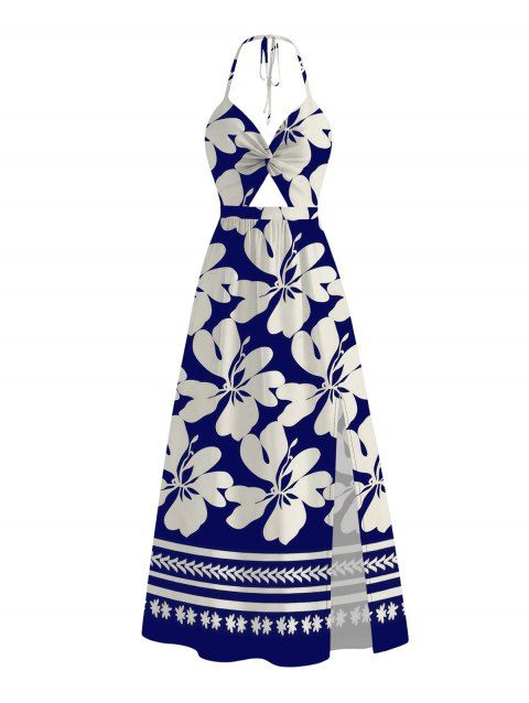 Robe dos nu à imprimé floral tribal frangipanier, découpe torsadée et nœud papillon fendue, idéale pour les vacances à Hawaï