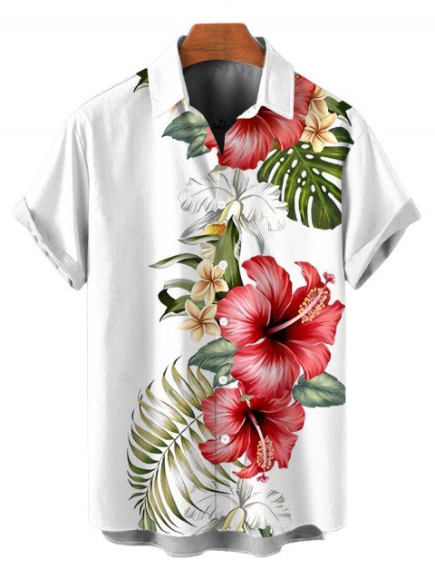 Chemise de vacances pour homme à motif floral d'hibiscus et de feuilles de palmier, à boutons