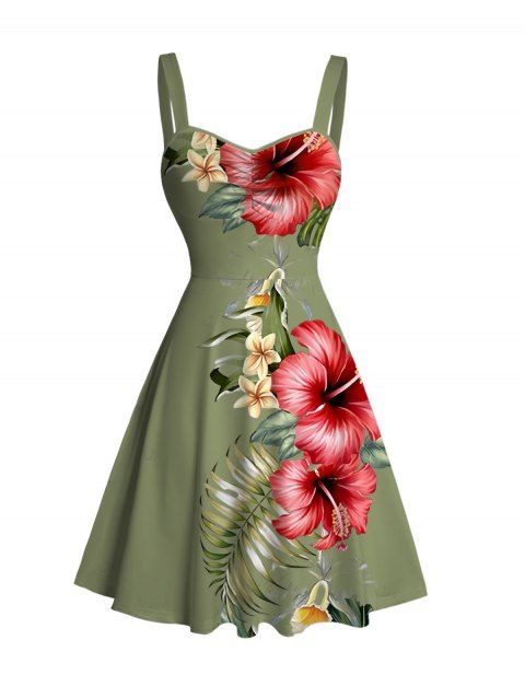 Robe de vacances à Hawaï, motif floral hibiscus et feuilles de palmier, mini-robe froncée au buste