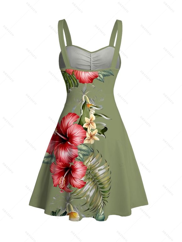 Hawaii Vacation Dress Hibiscus Floral Palm Leaf Pattern Ruched Bust Mini Dress - Olive Verte XXXXXL | US 20