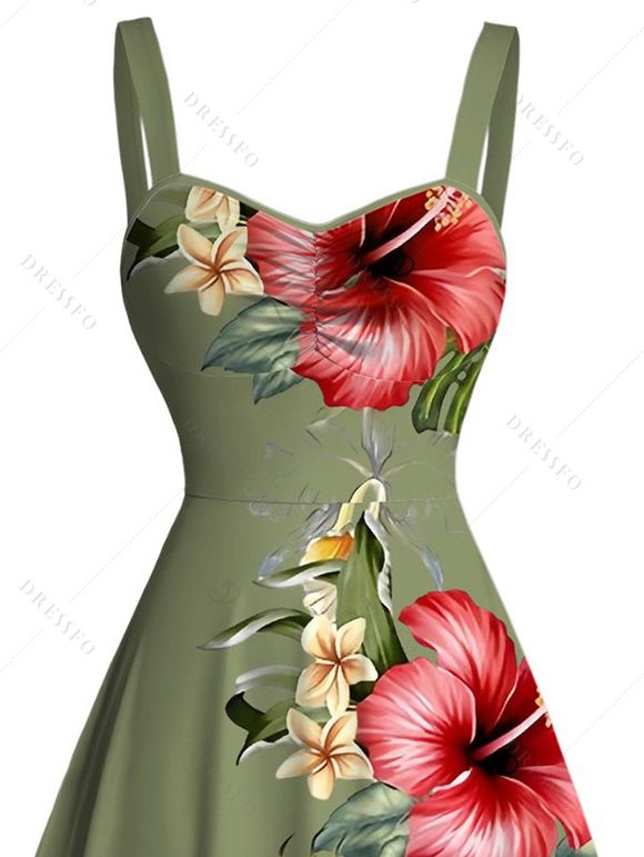 Hawaii Vacation Dress Hibiscus Floral Palm Leaf Pattern Ruched Bust Mini Dress - Olive Verte XXXXXL | US 20