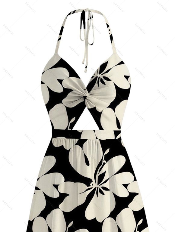 Hawaii Vacation Halter Dress Plumeria Floral Tribal Print Twisted Cut Out Bowknot Slit Dress - Noir XXL | US 14