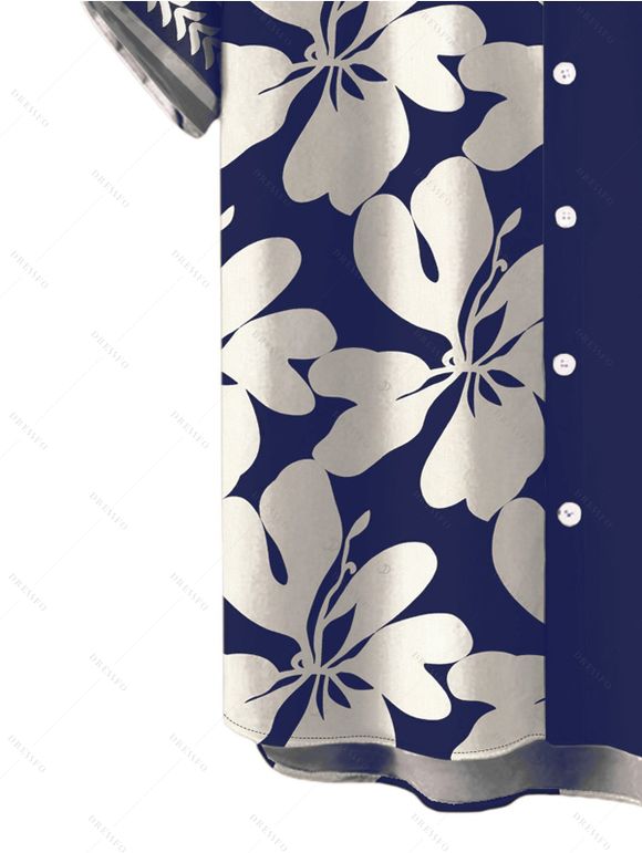 Men's Hawaiian Shirt Tribal Plumeria Floral Print Button Up Shirt - Bleu profond 5XL