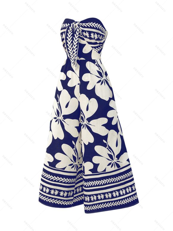 Hawaii Couple Outfit Tribal Hibiscus Floral Print Bowknot Off the Shoulder Jumpsuit and Shirt Set - Bleu profond S | US 4