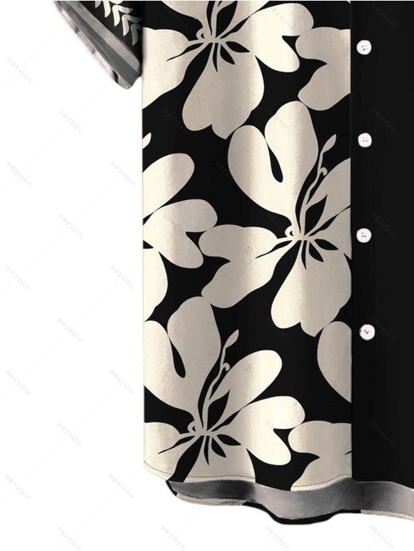 Hawaii Vacation Couple Outfit Plumeria Floral Tribal Print Twisted Cut Out Bowknot Slit Halter Dress and Shirt Set - Noir S | US 4