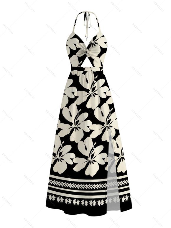 Hawaii Vacation Couple Outfit Plumeria Floral Tribal Print Twisted Cut Out Bowknot Slit Halter Dress and Shirt Set - Noir S | US 4