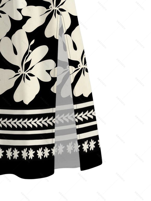 Hawaii Vacation Couple Outfit Plumeria Floral Tribal Print Twisted Cut Out Bowknot Slit Halter Dress and Shirt Set - Noir S | US 4