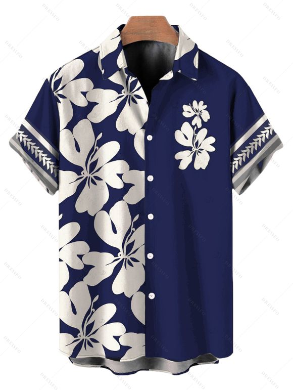 Hawaii Vacation Couple Outfit Plumeria Floral Tribal Print Twisted Cut Out Bowknot Slit Halter Dress and Shirt Set - Bleu profond S | US 4