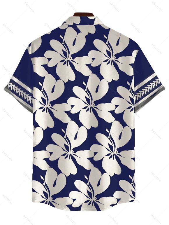 Hawaii Vacation Couple Outfit Plumeria Floral Tribal Print Twisted Cut Out Bowknot Slit Halter Dress and Shirt Set - Bleu profond S | US 4