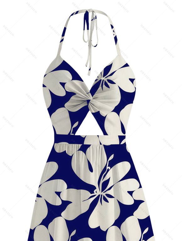 Hawaii Vacation Couple Outfit Plumeria Floral Tribal Print Twisted Cut Out Bowknot Slit Halter Dress and Shirt Set - Bleu profond S | US 4