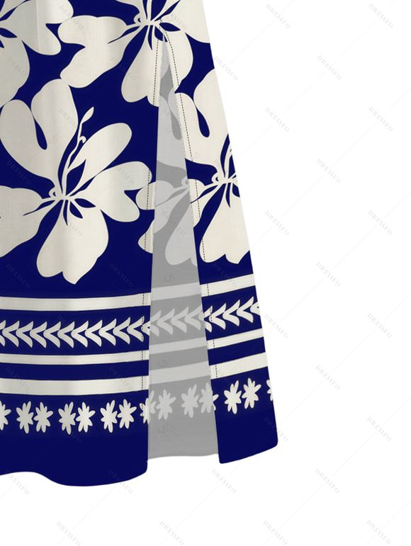 Hawaii Vacation Couple Outfit Plumeria Floral Tribal Print Twisted Cut Out Bowknot Slit Halter Dress and Shirt Set - Bleu profond S | US 4