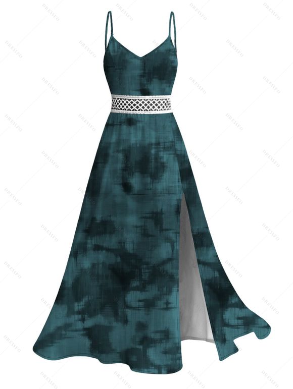 Vintage Dress Tie Dye Print Lace Hollow Out Spaghetti Strap Slit Dress - Paon Bleu XXXXXL | US 20