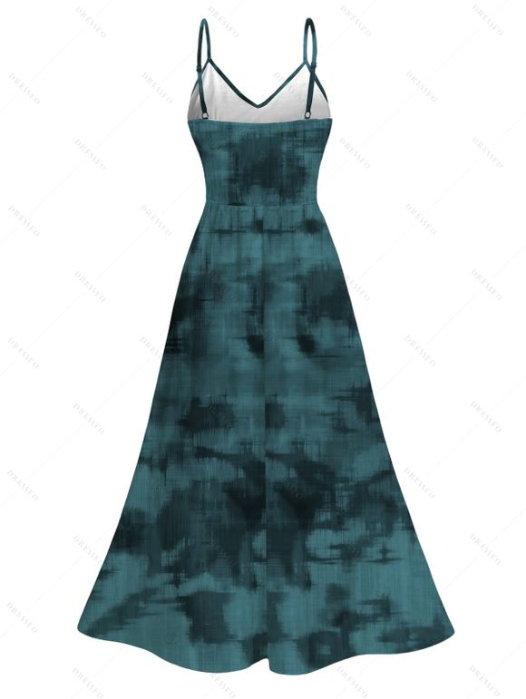Vintage Dress Tie Dye Print Lace Hollow Out Spaghetti Strap Slit Dress - Paon Bleu XXXXXL | US 20