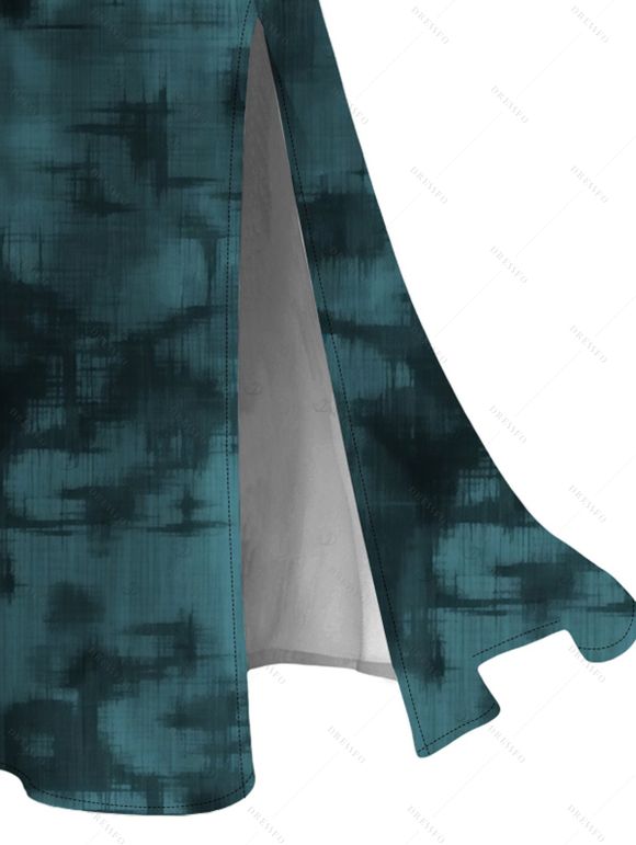 Vintage Dress Tie Dye Print Lace Hollow Out Spaghetti Strap Slit Dress - Paon Bleu XXXXXL | US 20