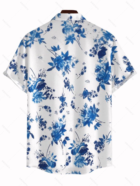 Men's Hawaii Vacation Shirt Porcelain Style Ink Painting Flower Pattern Button Up Shirt - Blanc 5XL