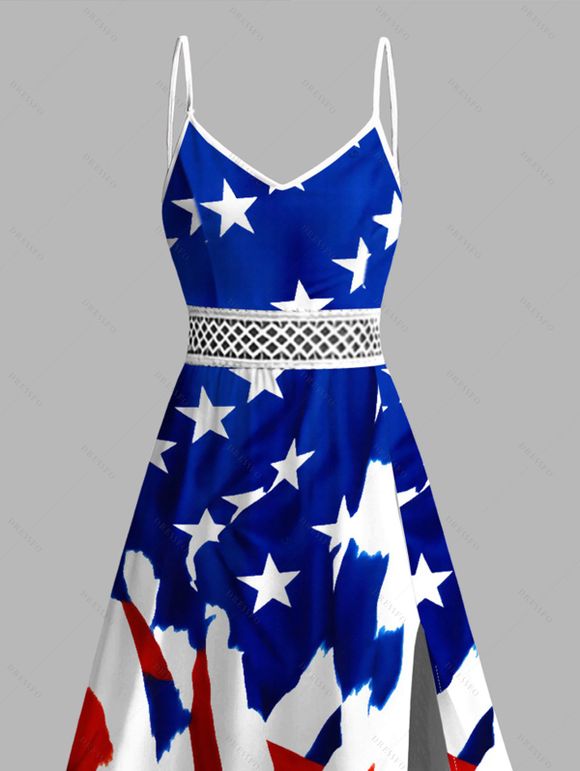 Independence Day Dress American Flag Elements Print Lace Hollow Out Slit Patriotic Dress - multicolor A XXXXXL | US 20