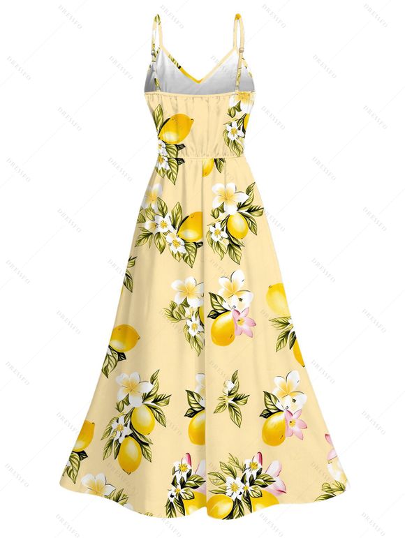 Fresh Style Vacation Dress Lemon Plumeria Floral Pattern Lace Hollow Out Slit Dress - Jaune clair XXXXXL | US 20