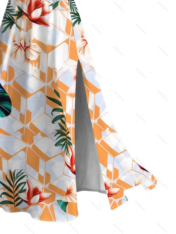 Hawaii Vacation Dress Geometric Tropical Floral Leaf Pattern Lace Hollow Out Slit Dress - Blanc XXXXXL | US 20