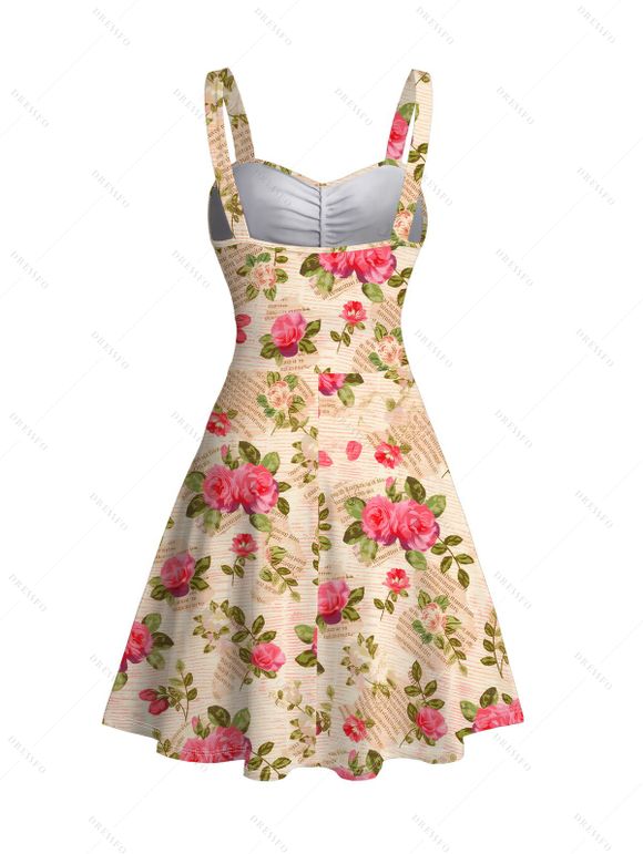 French Country Style Dress Vintage Newspaper Rose Print Ruched Bust Belt Dress - Abricot XXXXXL | US 20