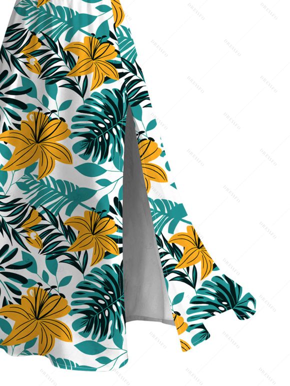 Hawaii Vacation Dress Lily Floral Tropical Palm Leaf Pattern Lace Hollow Out Slit Dress - PLANT GREEN XXXXXL | US 20