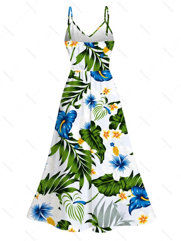 Hawaii Vacation Dress Tropical Plumeria Floral Palm Leaf Anthurium Print Lace Hollow Out Slit Dress - Blanc XXXXXL | US 20