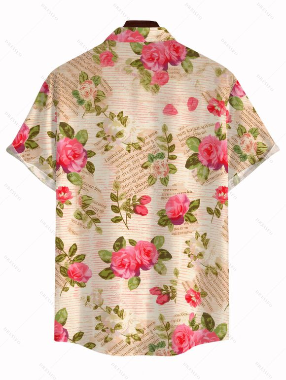 Men's French Country Style Shirt Vintage Newspaper Rose Print Button Up Shirt - Abricot 5XL