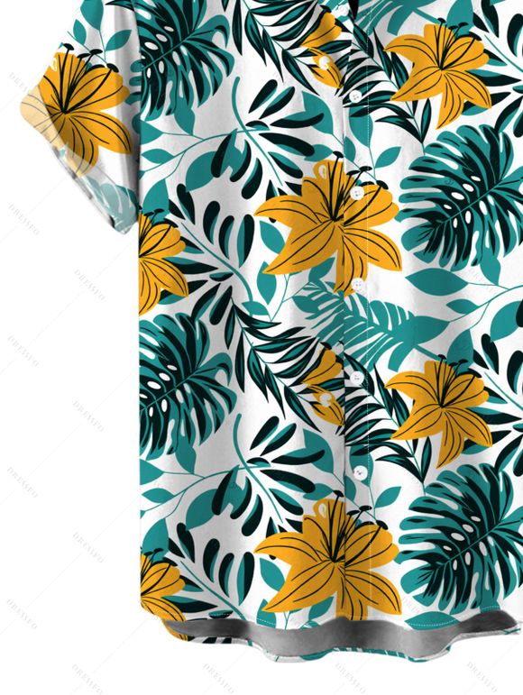 Men's Hawaii Vacation Shirt Lily Floral Tropical Palm Leaf Pattern Button Up Shirt - PLANT GREEN 5XL