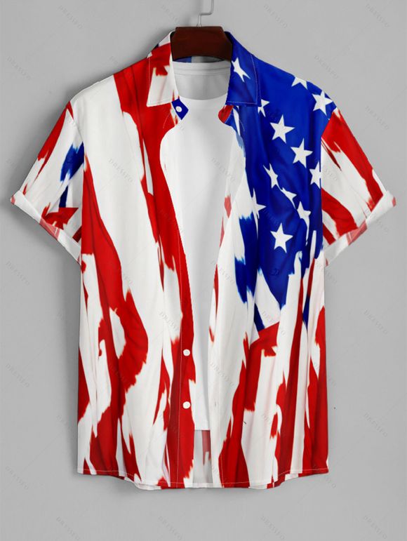 Independence Day Couple Outfit American Flag Elements Print Lace Hollow Out Slit Dress and Shirt Patriotic Set - Blanc S | US 4