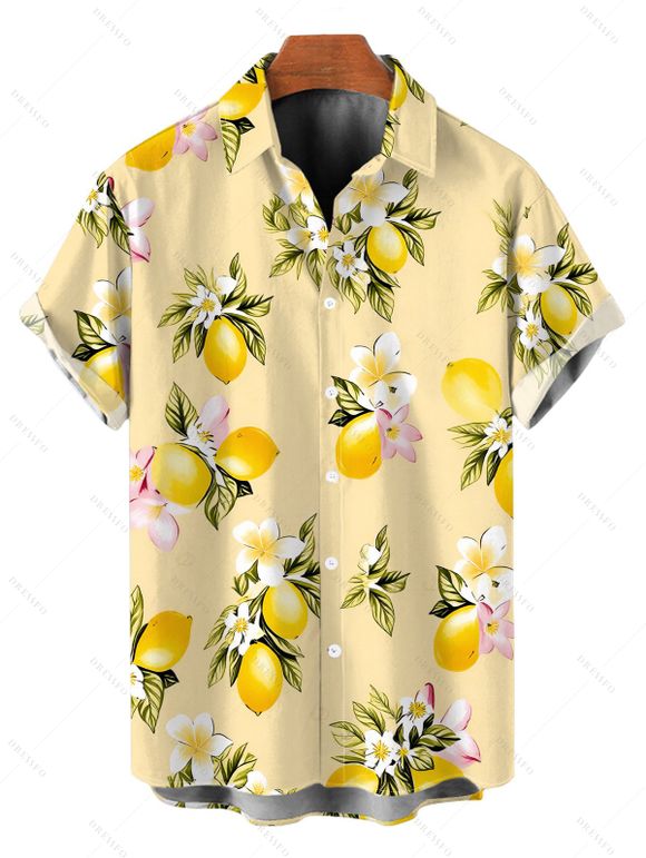 Fresh Style Vacation Couple Outfit Lemon Plumeria Floral Pattern Lace Hollow Out Slit Dress and Shirt Set - Jaune clair S | US 4