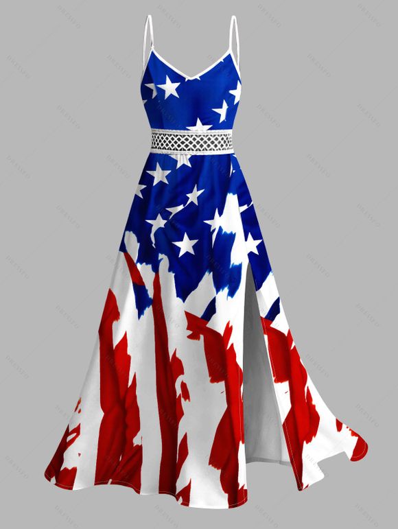Independence Day Couple Outfit American Flag Elements Print Lace Hollow Out Slit Dress and Shirt Patriotic Set - Blanc S | US 4