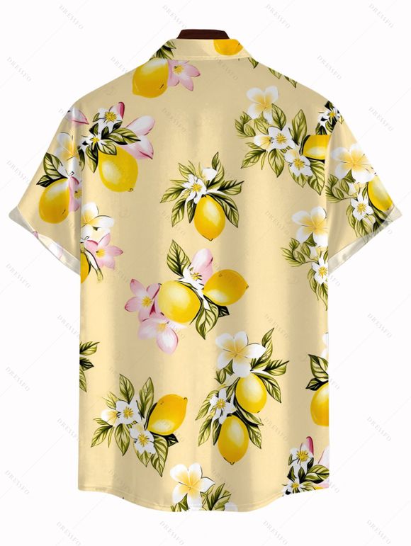 Fresh Style Vacation Couple Outfit Lemon Plumeria Floral Pattern Lace Hollow Out Slit Dress and Shirt Set - Jaune clair S | US 4