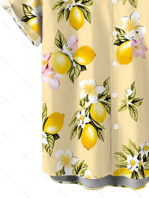 Fresh Style Vacation Couple Outfit Lemon Plumeria Floral Pattern Lace Hollow Out Slit Dress and Shirt Set - Jaune clair S | US 4