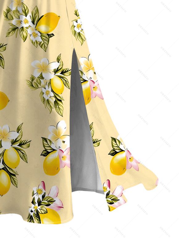 Fresh Style Vacation Couple Outfit Lemon Plumeria Floral Pattern Lace Hollow Out Slit Dress and Shirt Set - Jaune clair S | US 4