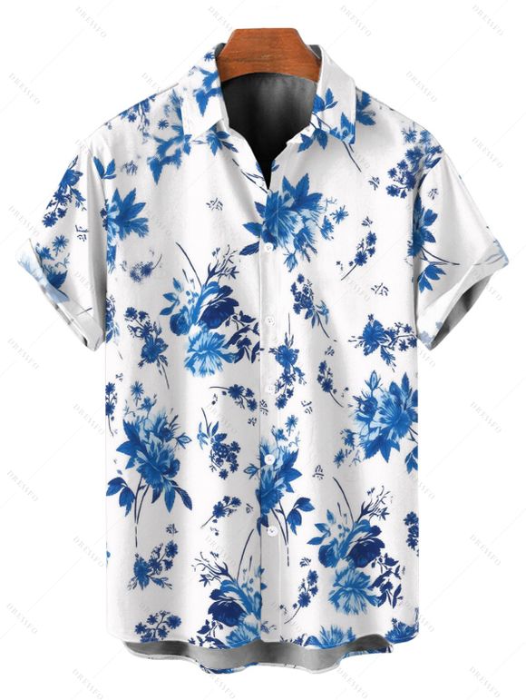 Hawaii Vacation Couple Outfit Porcelain Style Ink Painting Flower Pattern Ruched Bust Belt Dress and Shirt Set - Blanc S | US 4
