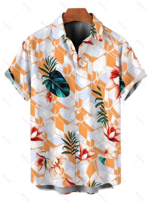 Hawaii Vacation Couple Outfit Geometric Tropical Floral Leaf Pattern Lace Hollow Out Slit Dress and Shirt Set - Blanc S | US 4