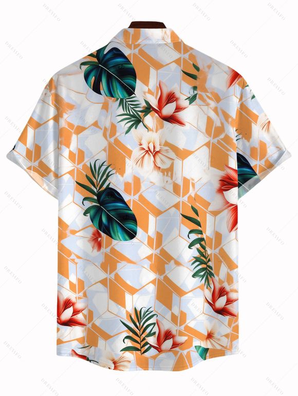 Hawaii Vacation Couple Outfit Geometric Tropical Floral Leaf Pattern Lace Hollow Out Slit Dress and Shirt Set - Blanc S | US 4