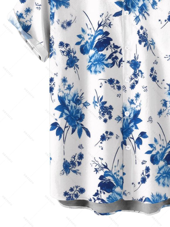 Hawaii Vacation Couple Outfit Porcelain Style Ink Painting Flower Pattern Ruched Bust Belt Dress and Shirt Set - Blanc S | US 4