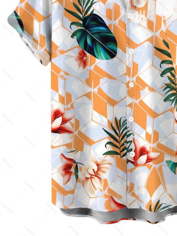 Hawaii Vacation Couple Outfit Geometric Tropical Floral Leaf Pattern Lace Hollow Out Slit Dress and Shirt Set - Blanc S | US 4