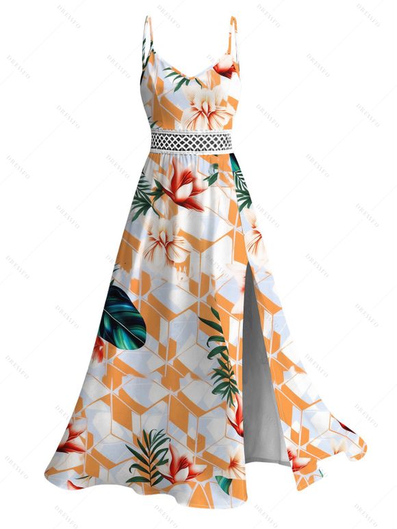 Hawaii Vacation Couple Outfit Geometric Tropical Floral Leaf Pattern Lace Hollow Out Slit Dress and Shirt Set - Blanc S | US 4