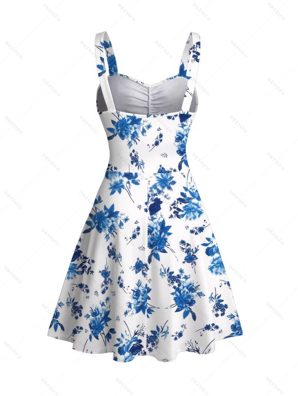 Hawaii Vacation Couple Outfit Porcelain Style Ink Painting Flower Pattern Ruched Bust Belt Dress and Shirt Set - Blanc S | US 4