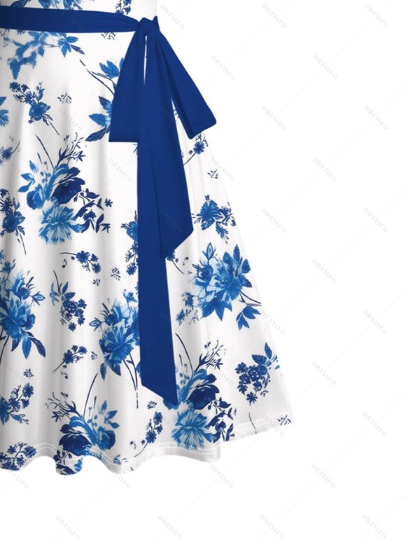 Hawaii Vacation Couple Outfit Porcelain Style Ink Painting Flower Pattern Ruched Bust Belt Dress and Shirt Set - Blanc S | US 4