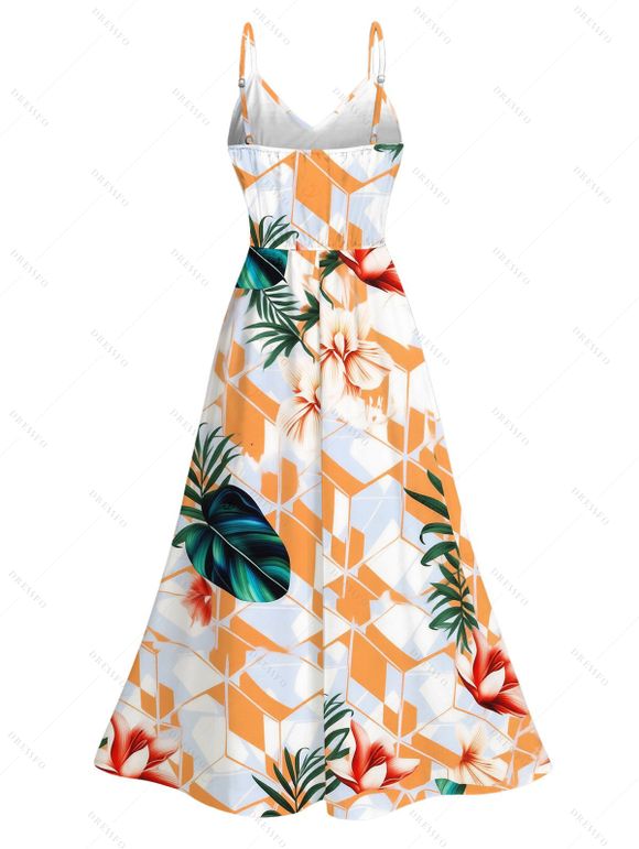 Hawaii Vacation Couple Outfit Geometric Tropical Floral Leaf Pattern Lace Hollow Out Slit Dress and Shirt Set - Blanc S | US 4