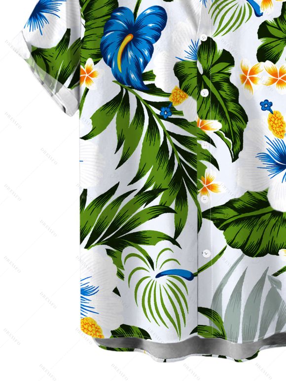 Hawaii Vacation Couple Outfit Tropical Plumeria Floral Palm Leaf Anthurium Print Lace Hollow Out Slit Dress and Shirt Set - Blanc S | US 4