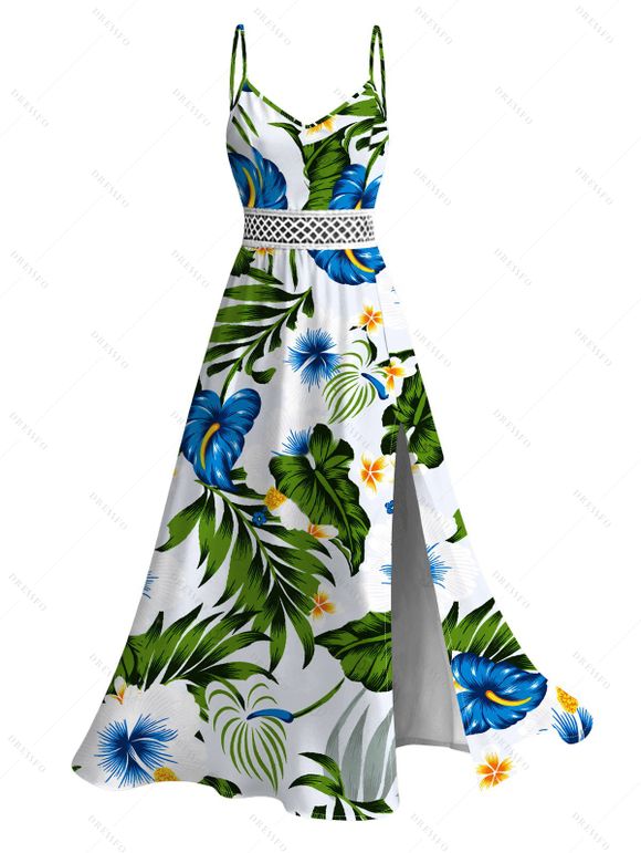 Hawaii Vacation Couple Outfit Tropical Plumeria Floral Palm Leaf Anthurium Print Lace Hollow Out Slit Dress and Shirt Set - Blanc S | US 4